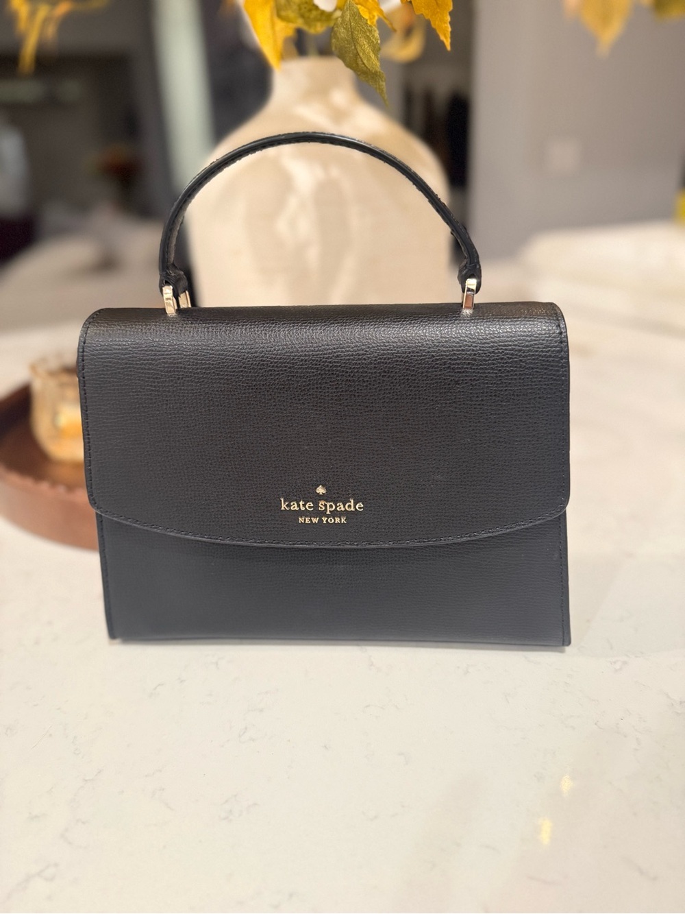 kate spade Black Top-Handle Leather Satchel with Gold Logo